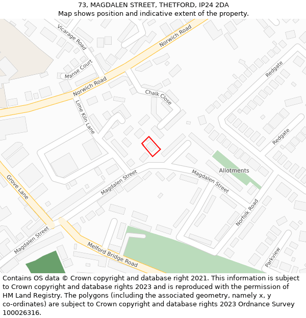 73, MAGDALEN STREET, THETFORD, IP24 2DA: Location map and indicative extent of plot
