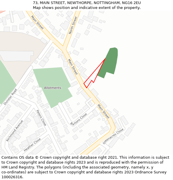 73, MAIN STREET, NEWTHORPE, NOTTINGHAM, NG16 2EU: Location map and indicative extent of plot