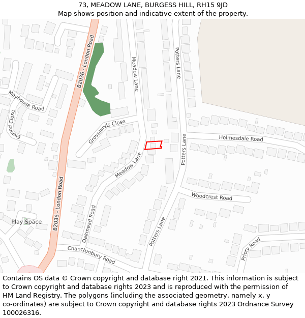 73, MEADOW LANE, BURGESS HILL, RH15 9JD: Location map and indicative extent of plot