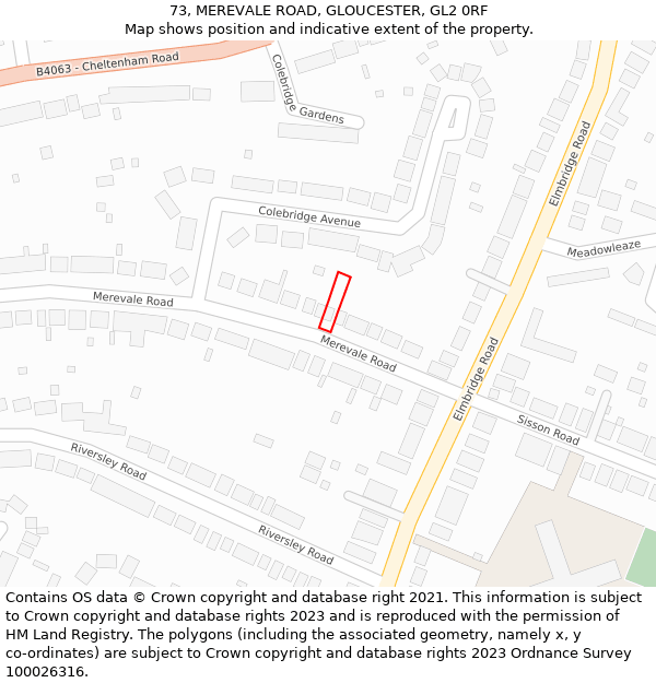 73, MEREVALE ROAD, GLOUCESTER, GL2 0RF: Location map and indicative extent of plot