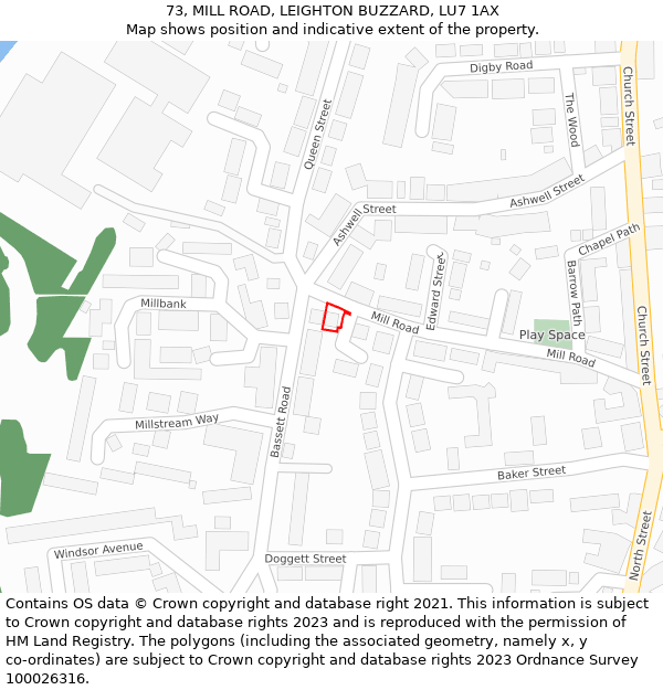73, MILL ROAD, LEIGHTON BUZZARD, LU7 1AX: Location map and indicative extent of plot