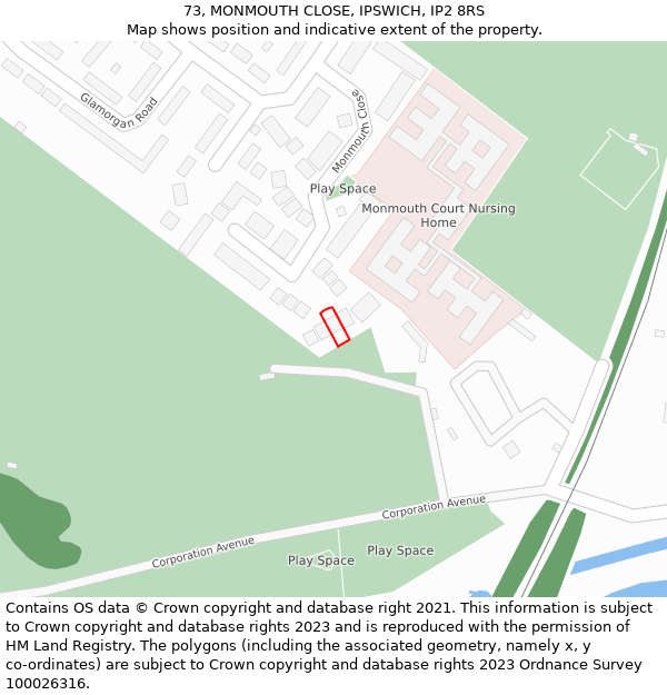 73, MONMOUTH CLOSE, IPSWICH, IP2 8RS: Location map and indicative extent of plot