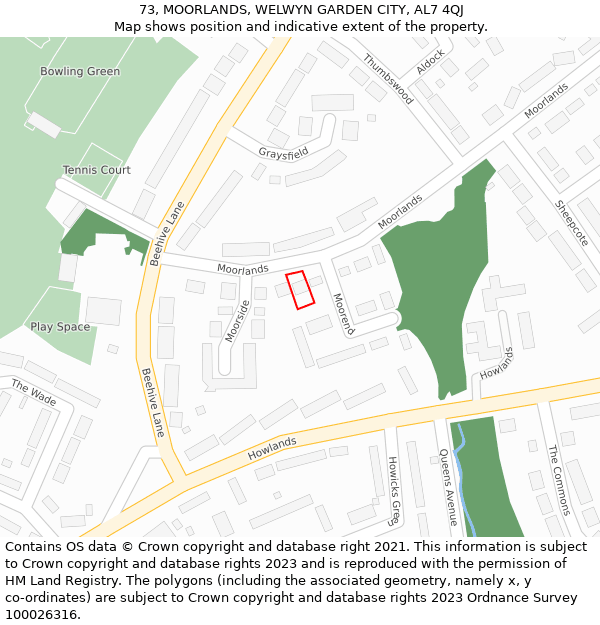 73, MOORLANDS, WELWYN GARDEN CITY, AL7 4QJ: Location map and indicative extent of plot