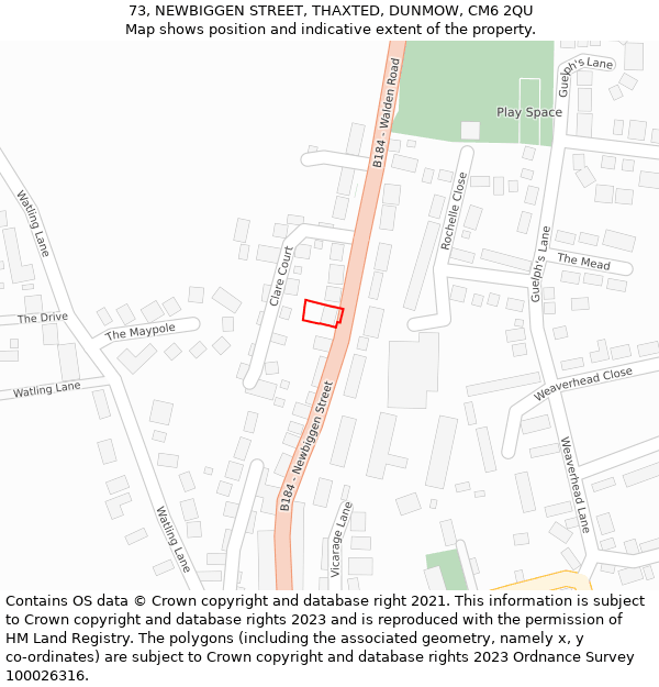 73, NEWBIGGEN STREET, THAXTED, DUNMOW, CM6 2QU: Location map and indicative extent of plot