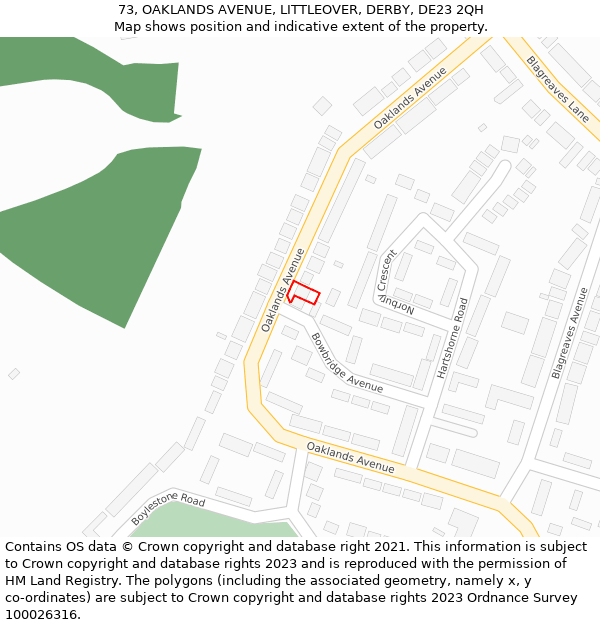 73, OAKLANDS AVENUE, LITTLEOVER, DERBY, DE23 2QH: Location map and indicative extent of plot