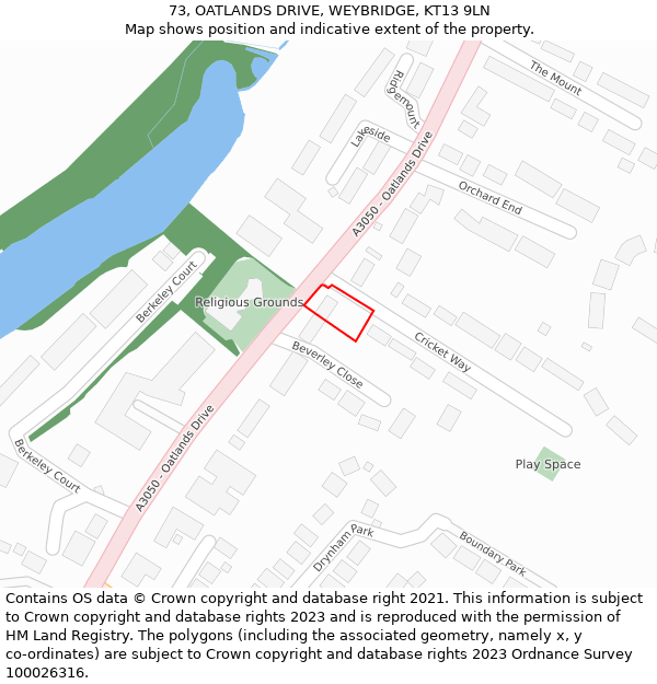 73, OATLANDS DRIVE, WEYBRIDGE, KT13 9LN: Location map and indicative extent of plot