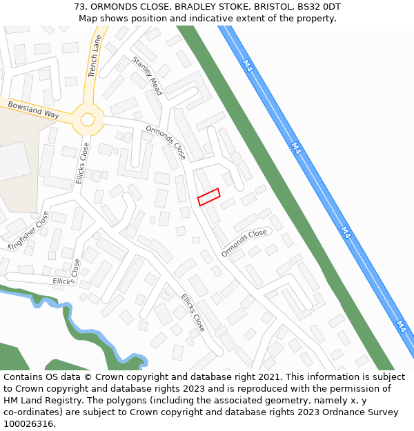 73, ORMONDS CLOSE, BRADLEY STOKE, BRISTOL, BS32 0DT: Location map and indicative extent of plot