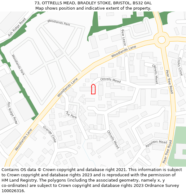 73, OTTRELLS MEAD, BRADLEY STOKE, BRISTOL, BS32 0AL: Location map and indicative extent of plot