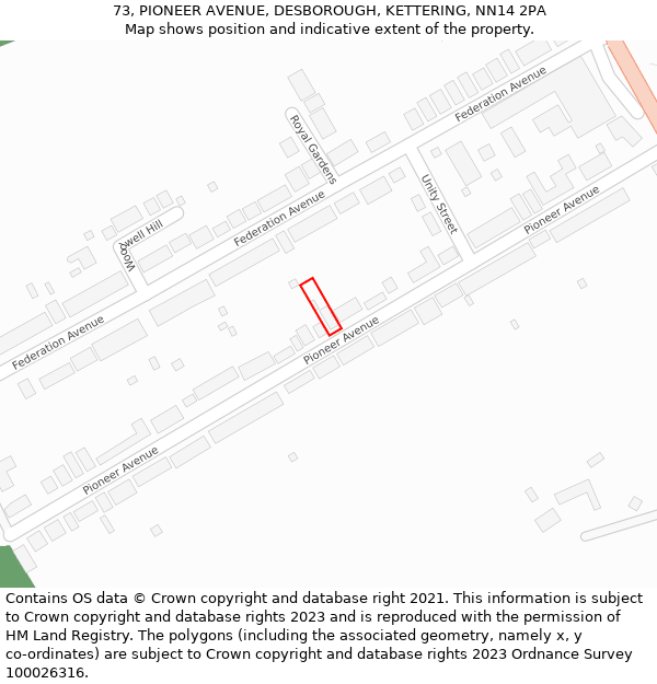 73, PIONEER AVENUE, DESBOROUGH, KETTERING, NN14 2PA: Location map and indicative extent of plot