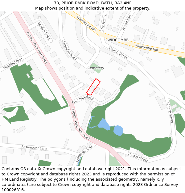 73, PRIOR PARK ROAD, BATH, BA2 4NF: Location map and indicative extent of plot