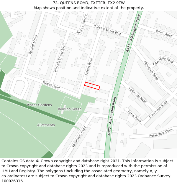 73, QUEENS ROAD, EXETER, EX2 9EW: Location map and indicative extent of plot