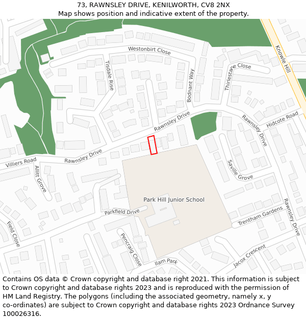 73, RAWNSLEY DRIVE, KENILWORTH, CV8 2NX: Location map and indicative extent of plot