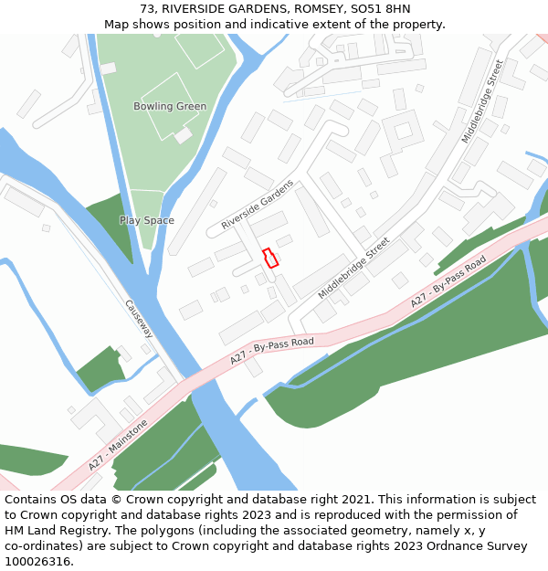 73, RIVERSIDE GARDENS, ROMSEY, SO51 8HN: Location map and indicative extent of plot