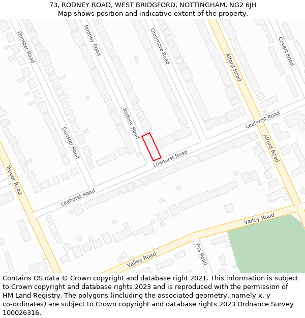 73, RODNEY ROAD, WEST BRIDGFORD, NOTTINGHAM, NG2 6JH: Location map and indicative extent of plot