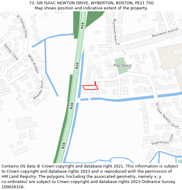 73, SIR ISAAC NEWTON DRIVE, WYBERTON, BOSTON, PE21 7SG: Location map and indicative extent of plot