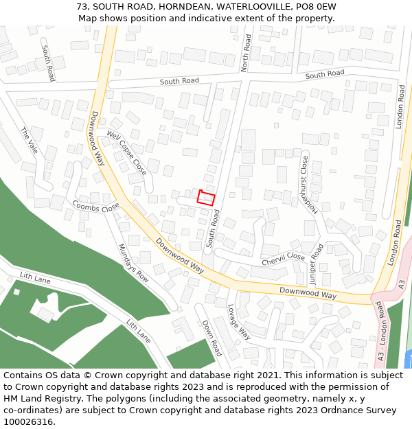73, SOUTH ROAD, HORNDEAN, WATERLOOVILLE, PO8 0EW: Location map and indicative extent of plot