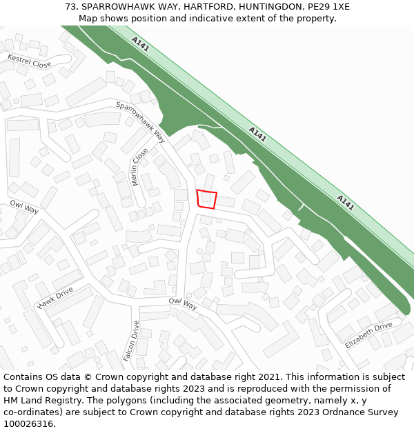 73, SPARROWHAWK WAY, HARTFORD, HUNTINGDON, PE29 1XE: Location map and indicative extent of plot