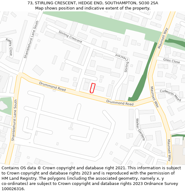 73, STIRLING CRESCENT, HEDGE END, SOUTHAMPTON, SO30 2SA: Location map and indicative extent of plot