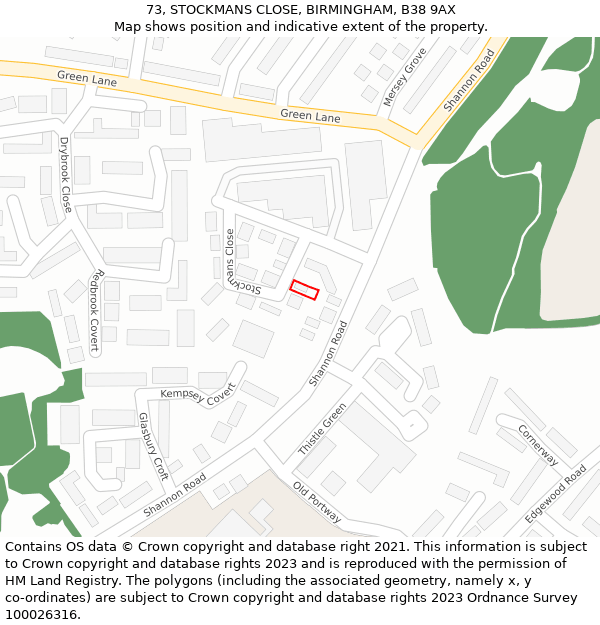 73, STOCKMANS CLOSE, BIRMINGHAM, B38 9AX: Location map and indicative extent of plot