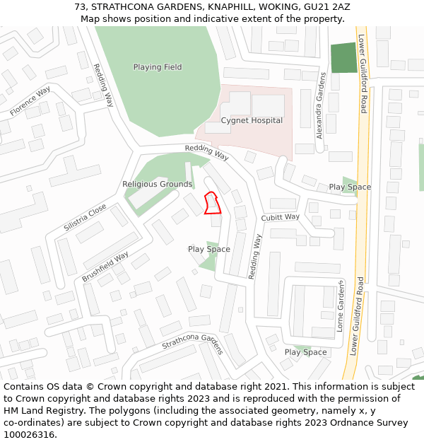 73, STRATHCONA GARDENS, KNAPHILL, WOKING, GU21 2AZ: Location map and indicative extent of plot