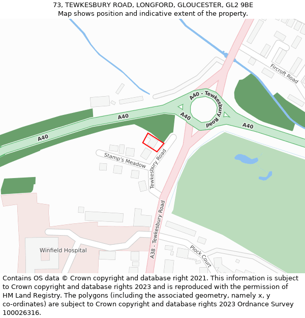 73, TEWKESBURY ROAD, LONGFORD, GLOUCESTER, GL2 9BE: Location map and indicative extent of plot