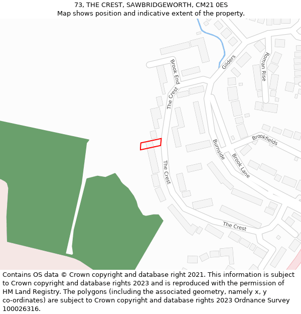 73, THE CREST, SAWBRIDGEWORTH, CM21 0ES: Location map and indicative extent of plot