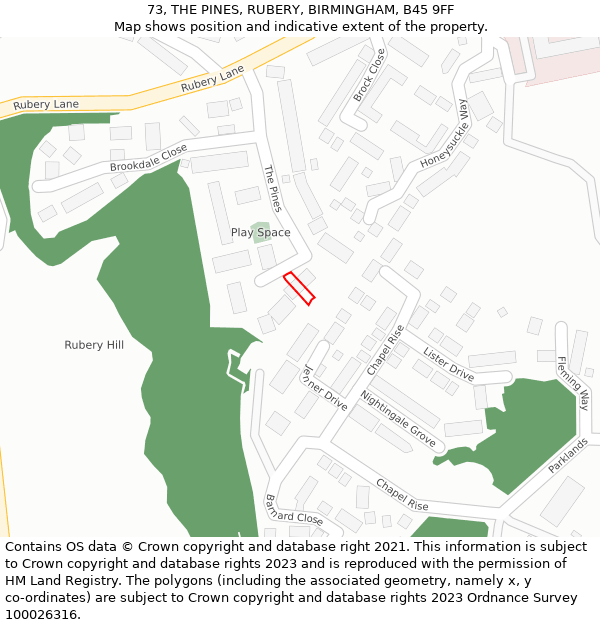 73, THE PINES, RUBERY, BIRMINGHAM, B45 9FF: Location map and indicative extent of plot