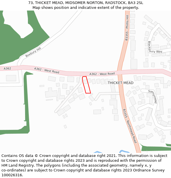 73, THICKET MEAD, MIDSOMER NORTON, RADSTOCK, BA3 2SL: Location map and indicative extent of plot