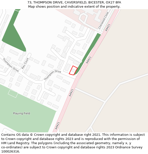 73, THOMPSON DRIVE, CAVERSFIELD, BICESTER, OX27 8FA: Location map and indicative extent of plot