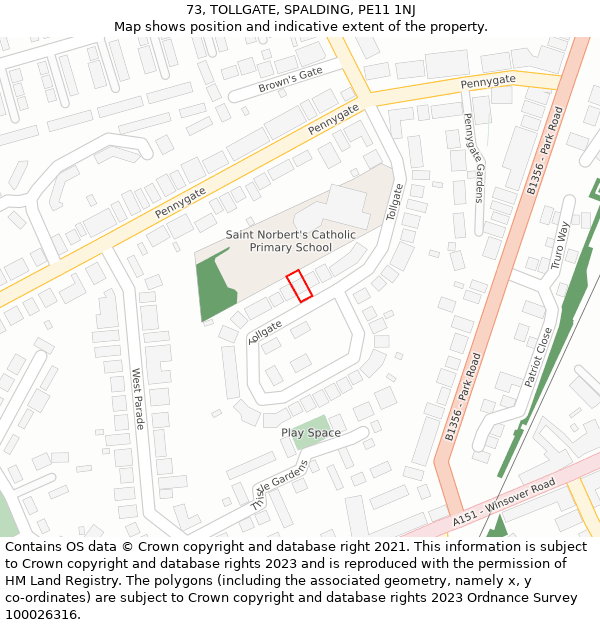 73, TOLLGATE, SPALDING, PE11 1NJ: Location map and indicative extent of plot