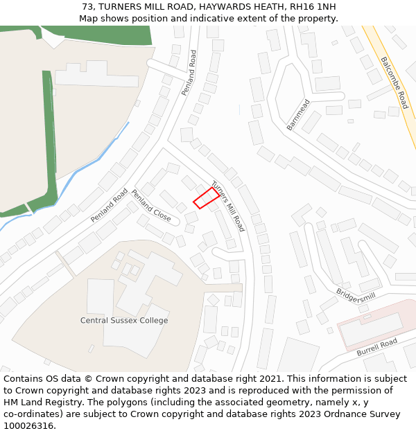 73, TURNERS MILL ROAD, HAYWARDS HEATH, RH16 1NH: Location map and indicative extent of plot