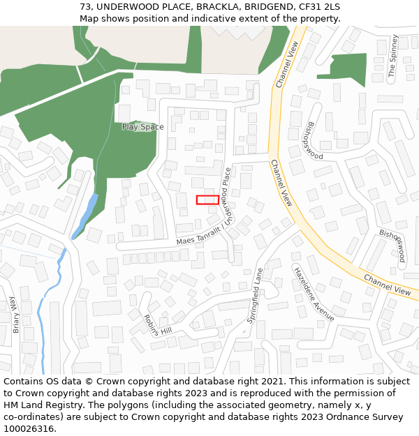 73, UNDERWOOD PLACE, BRACKLA, BRIDGEND, CF31 2LS: Location map and indicative extent of plot