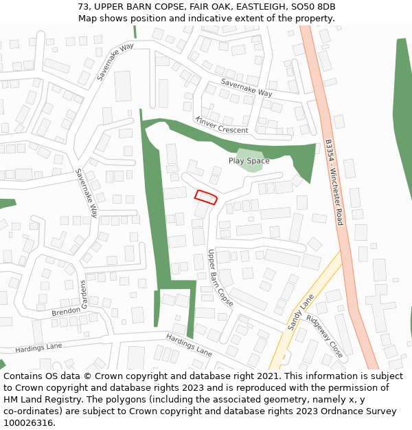 73, UPPER BARN COPSE, FAIR OAK, EASTLEIGH, SO50 8DB: Location map and indicative extent of plot