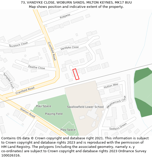 73, VANDYKE CLOSE, WOBURN SANDS, MILTON KEYNES, MK17 8UU: Location map and indicative extent of plot