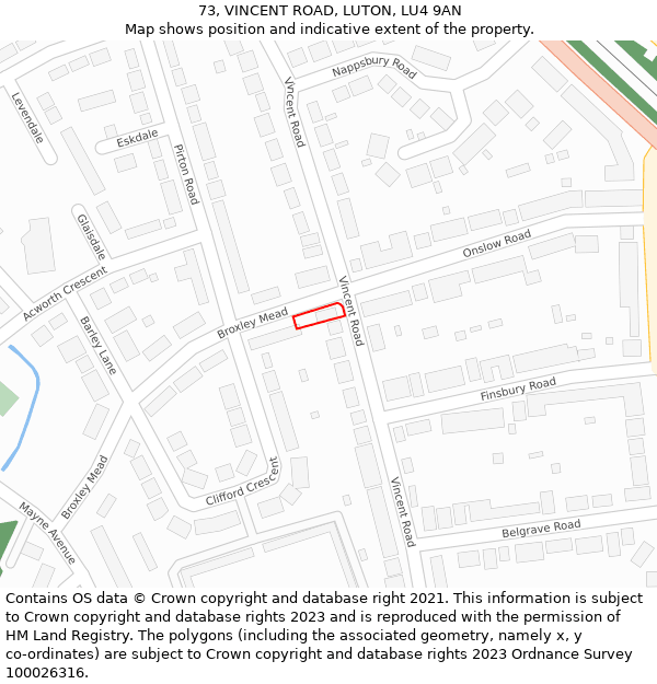 73, VINCENT ROAD, LUTON, LU4 9AN: Location map and indicative extent of plot