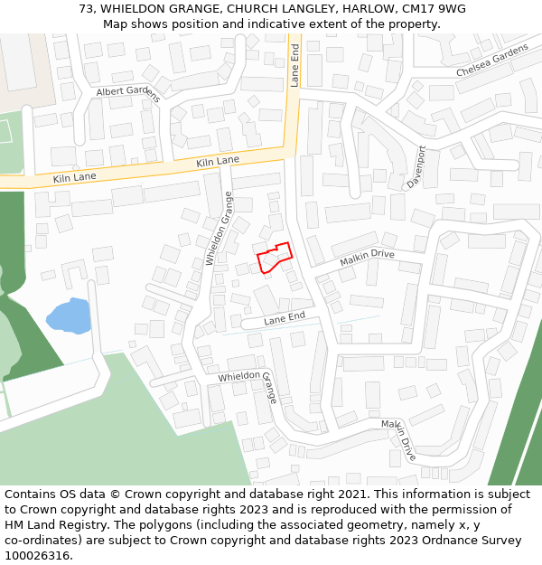 73, WHIELDON GRANGE, CHURCH LANGLEY, HARLOW, CM17 9WG: Location map and indicative extent of plot