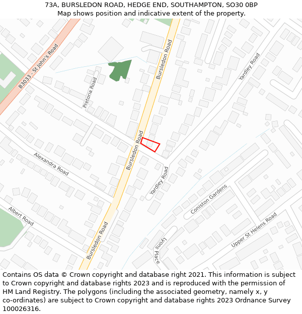 73A, BURSLEDON ROAD, HEDGE END, SOUTHAMPTON, SO30 0BP: Location map and indicative extent of plot