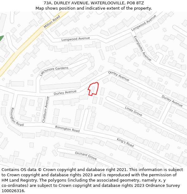 73A, DURLEY AVENUE, WATERLOOVILLE, PO8 8TZ: Location map and indicative extent of plot