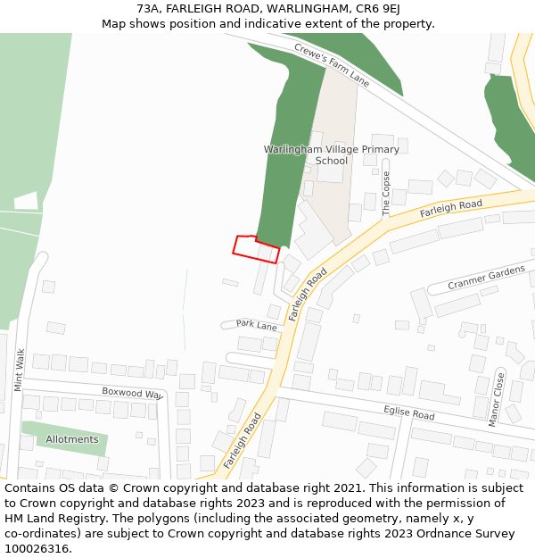 73A, FARLEIGH ROAD, WARLINGHAM, CR6 9EJ: Location map and indicative extent of plot