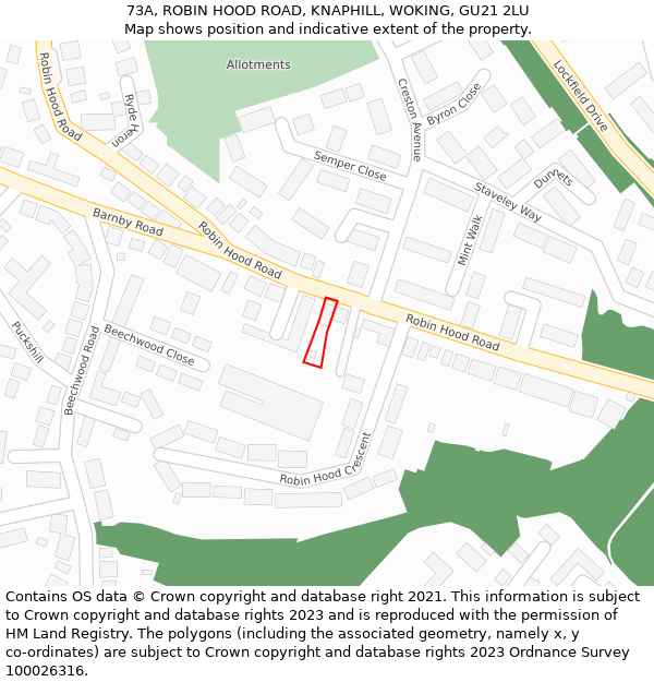 73A, ROBIN HOOD ROAD, KNAPHILL, WOKING, GU21 2LU: Location map and indicative extent of plot