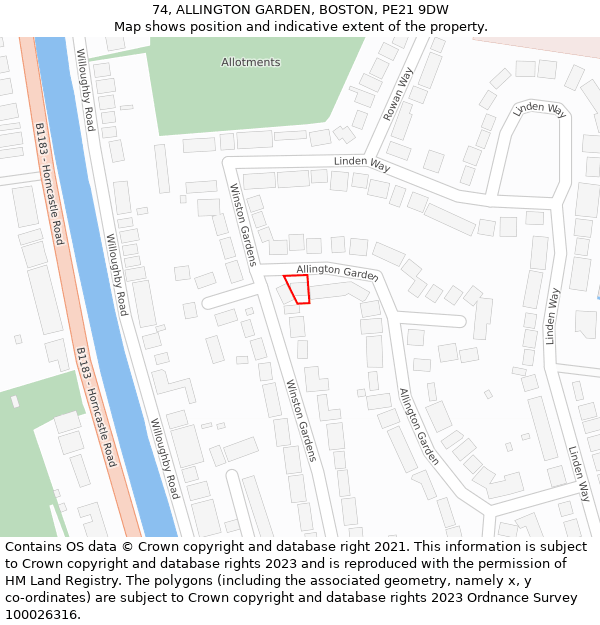 74, ALLINGTON GARDEN, BOSTON, PE21 9DW: Location map and indicative extent of plot