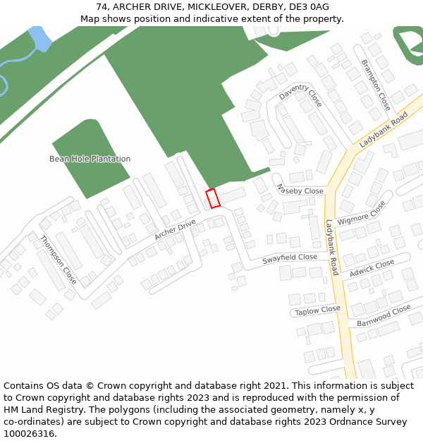 74, ARCHER DRIVE, MICKLEOVER, DERBY, DE3 0AG: Location map and indicative extent of plot