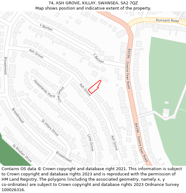 74, ASH GROVE, KILLAY, SWANSEA, SA2 7QZ: Location map and indicative extent of plot