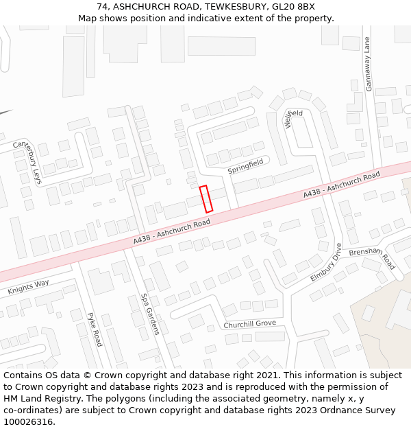 74, ASHCHURCH ROAD, TEWKESBURY, GL20 8BX: Location map and indicative extent of plot