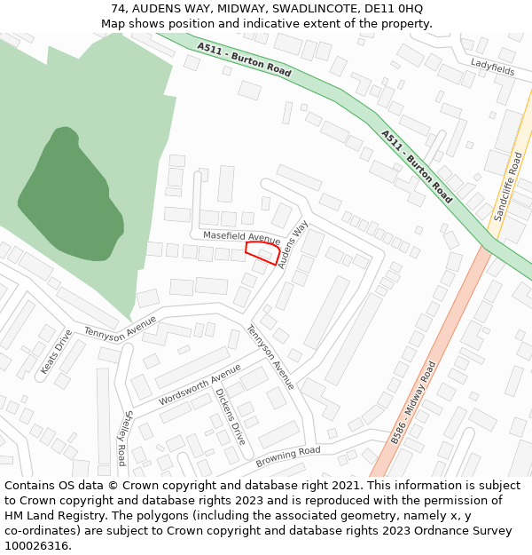 74, AUDENS WAY, MIDWAY, SWADLINCOTE, DE11 0HQ: Location map and indicative extent of plot