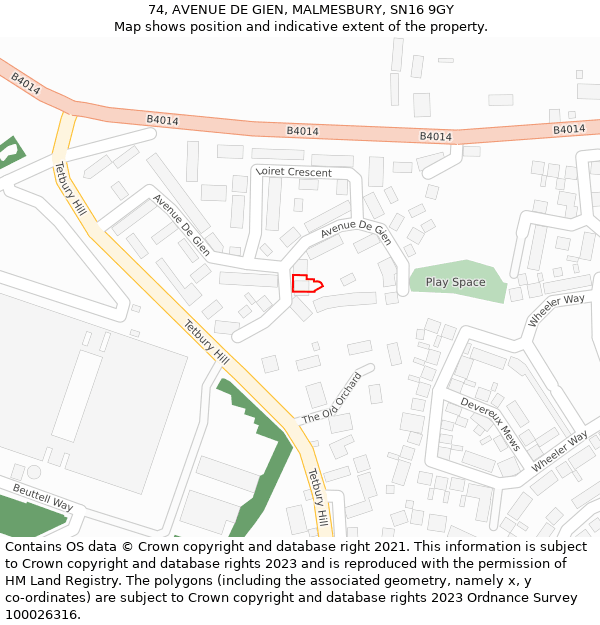 74, AVENUE DE GIEN, MALMESBURY, SN16 9GY: Location map and indicative extent of plot