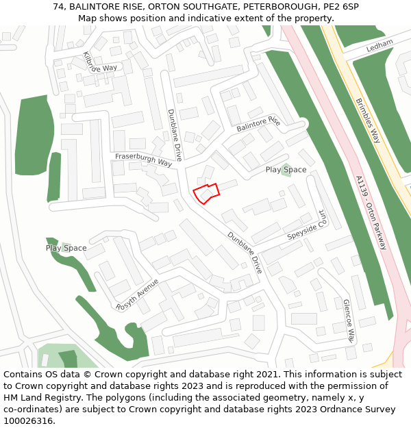 74, BALINTORE RISE, ORTON SOUTHGATE, PETERBOROUGH, PE2 6SP: Location map and indicative extent of plot
