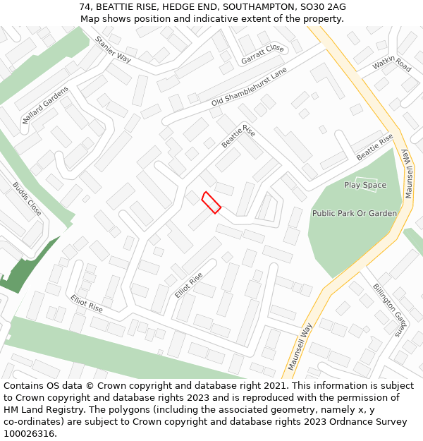 74, BEATTIE RISE, HEDGE END, SOUTHAMPTON, SO30 2AG: Location map and indicative extent of plot