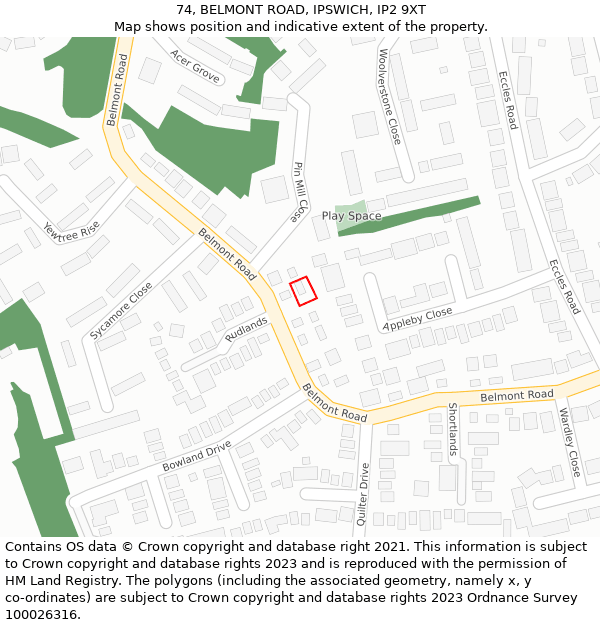 74, BELMONT ROAD, IPSWICH, IP2 9XT: Location map and indicative extent of plot