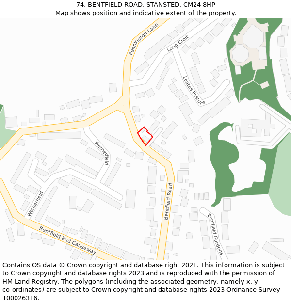 74, BENTFIELD ROAD, STANSTED, CM24 8HP: Location map and indicative extent of plot